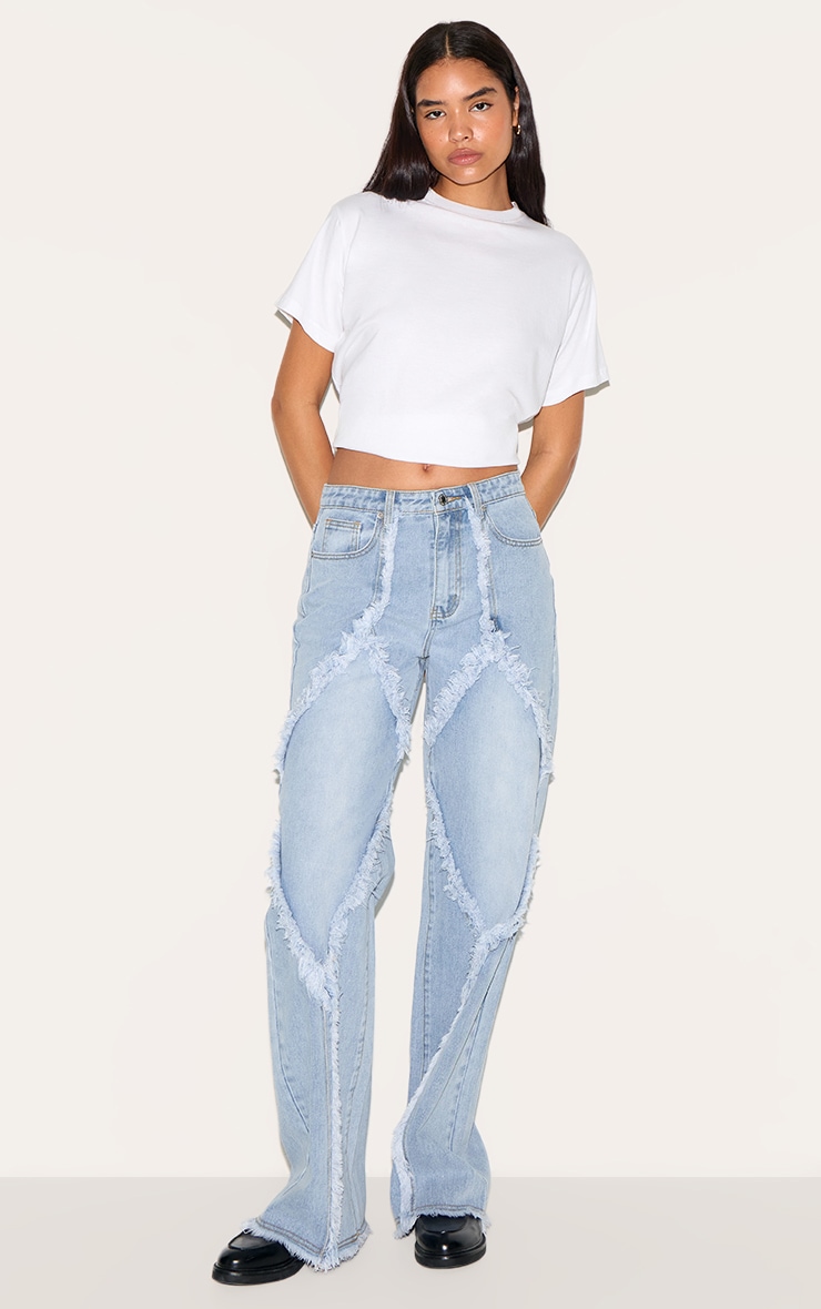 Tall Light Blue Wash Mid Rise Raw Seam Detail Wide Leg Jeans image 2