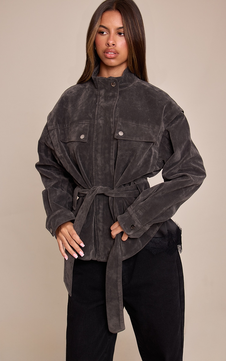 Petite Charcoal Suede Belted Drop Waist Jacket