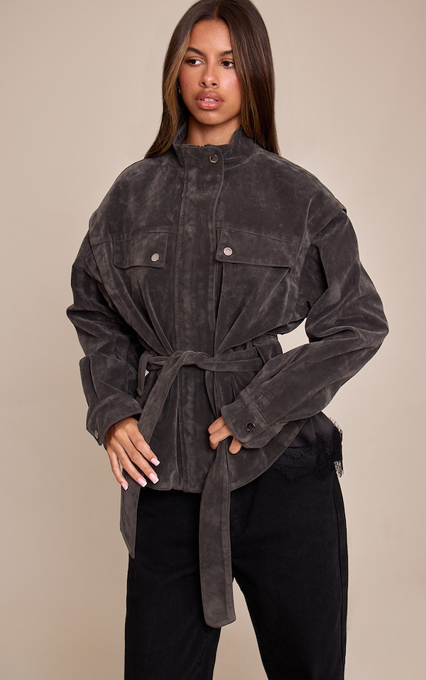 Petite Charcoal Suede Belted Drop Waist Jacket