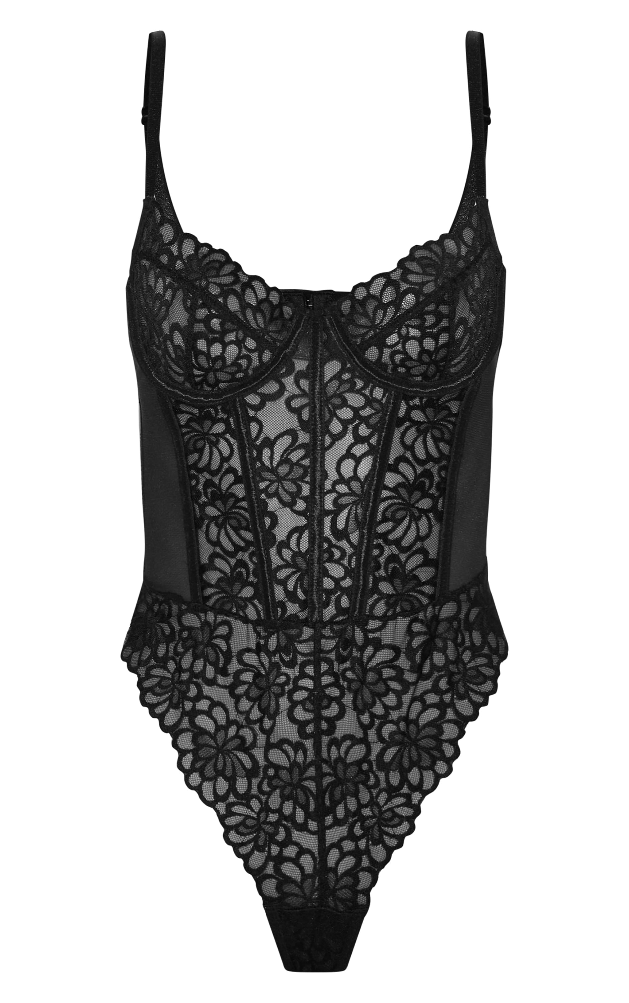 Body en dentelle fleurie festonnée noire à découpes image 5