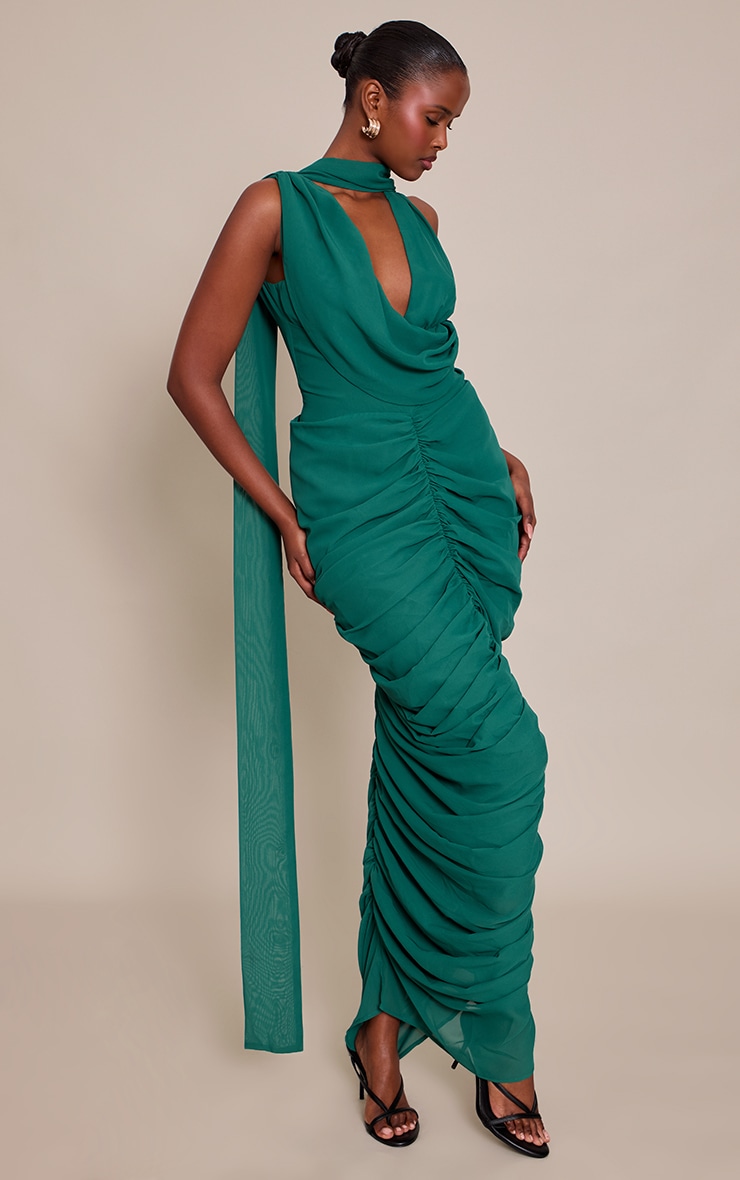 Emerald Chiffon Scarf Detail Ruched Maxi Dress image 3