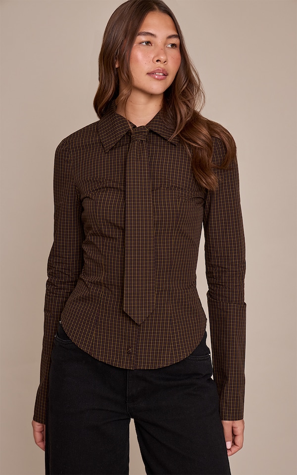 Brown Check Tie Detail Fitted Shirt 