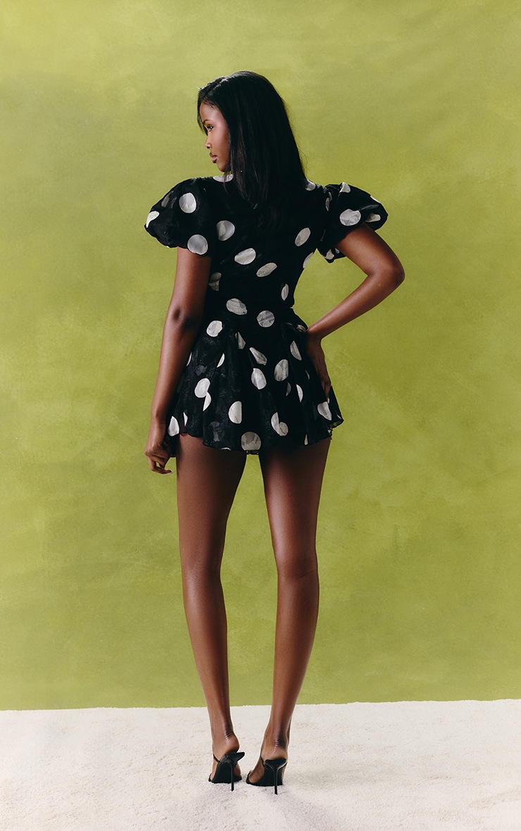 Black Oversized Polka Dot Jacquard Puff Sleeve Playsuit image 2