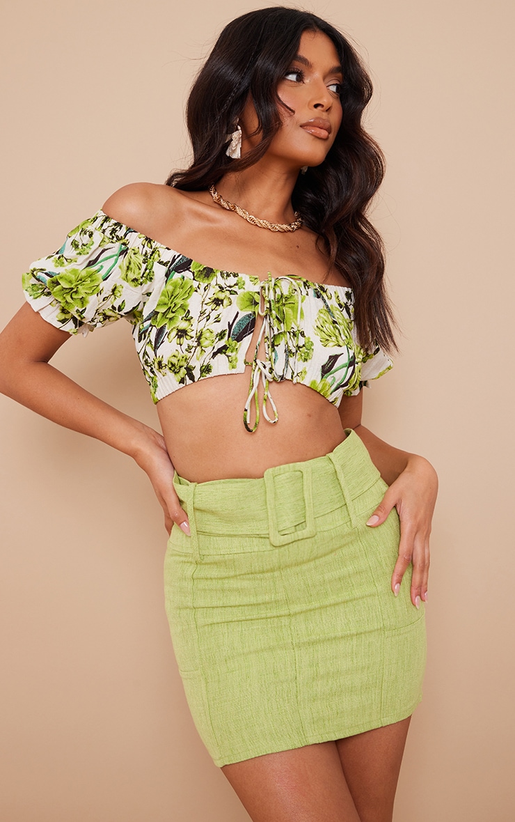 Pale Green Floral Print Puff Ruched Sleeve Tie Crop Top image 3