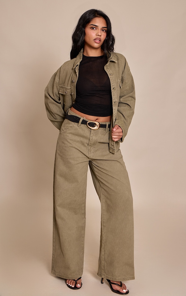 Petite Washed Khaki Denim Wide Leg Jeans