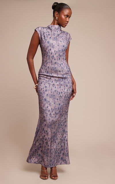 Brown Textured Printed High Neck Sleeveless Maxi Dress