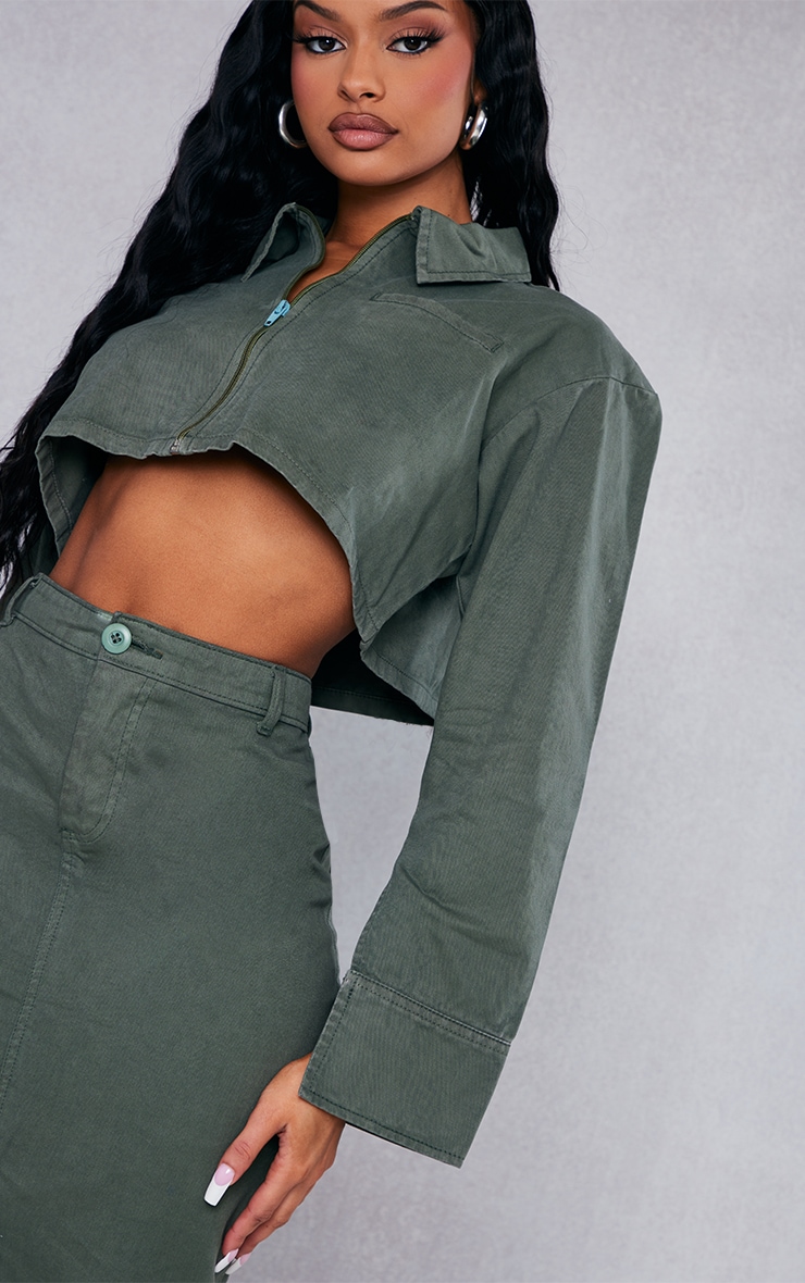 Khaki Twill Cropped Zip Up Jacket image 4