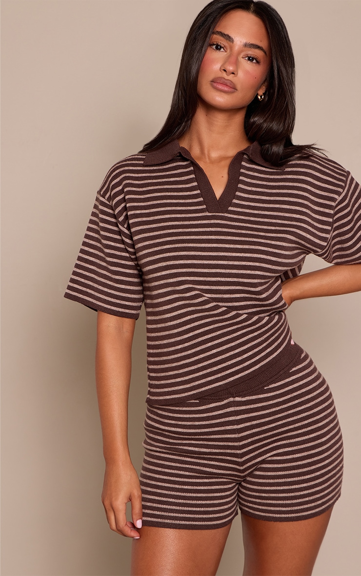Petite Brown Stripe Knitted Oversized Collared Top