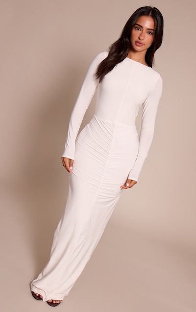 Petite White Slinky Ruched Seam Long Sleeve Dress