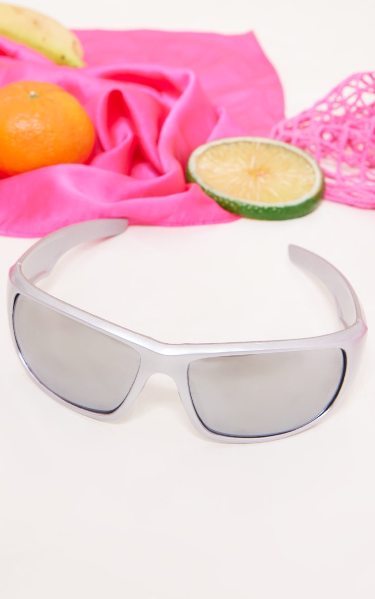 Silver Mirrored Lens Rectangular Sporty Visor Sunglasses image 2