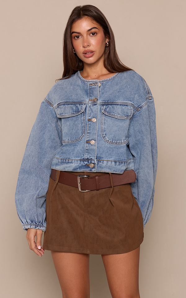  Mid Blue Wash Round Neck Crop Denim Jacket