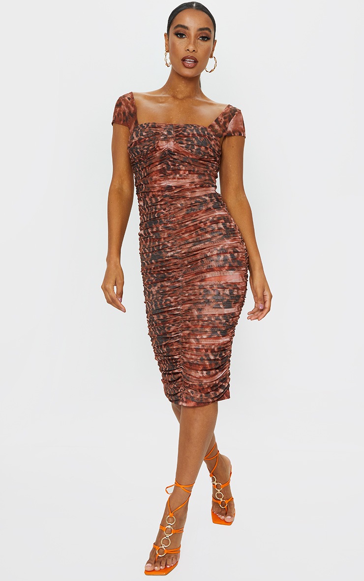 Rust Leopard Print Mesh Ruched Midi Dress