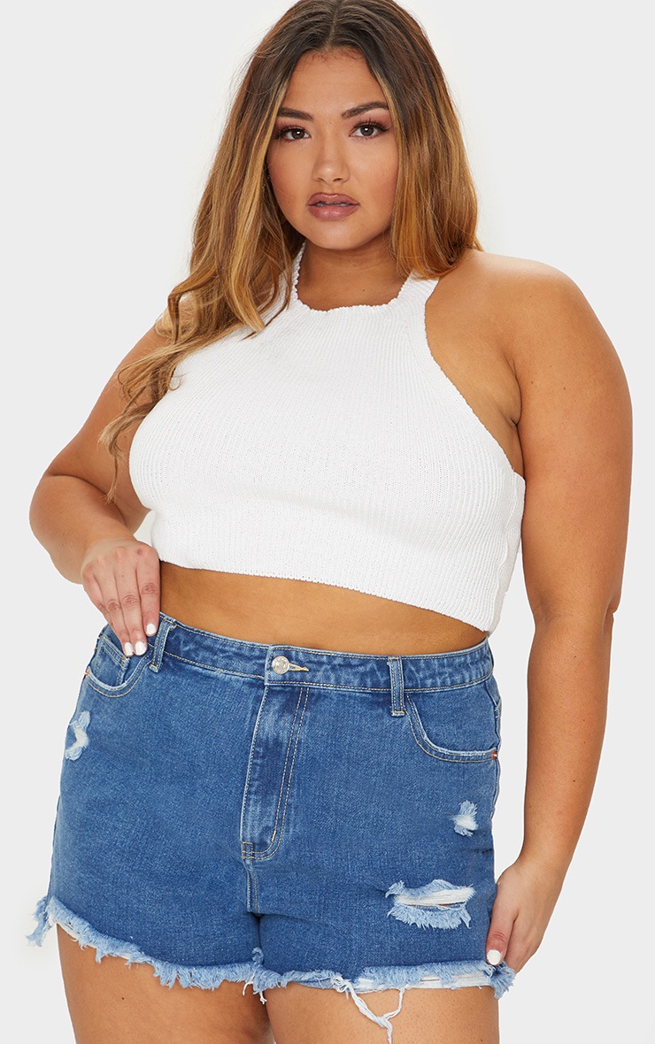 Plus Dark Blue Wash Distressed Detail Denim Mom Shorts