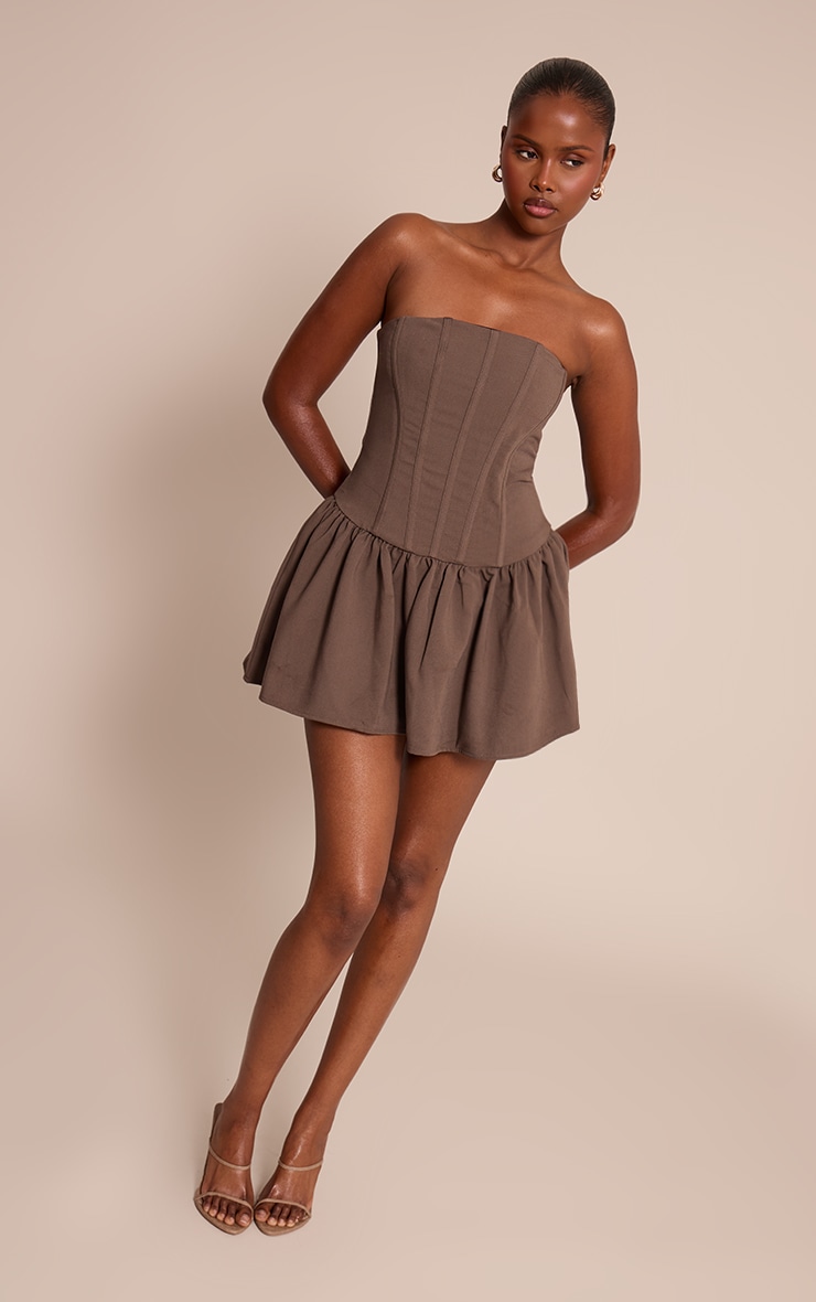 Chocolate Woven Bandeau Corset Frill Hem Mini Dress image 3