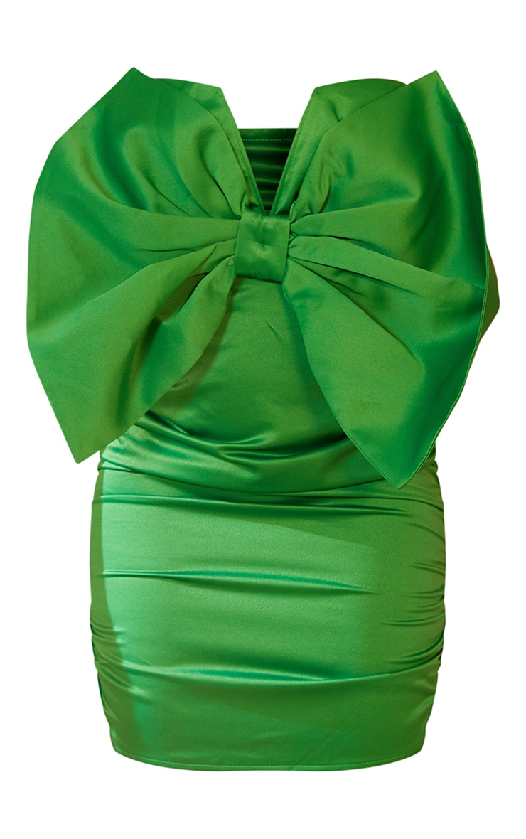 Bright Green Satin V Bar Bow Detail Bodycon Dress image 1
