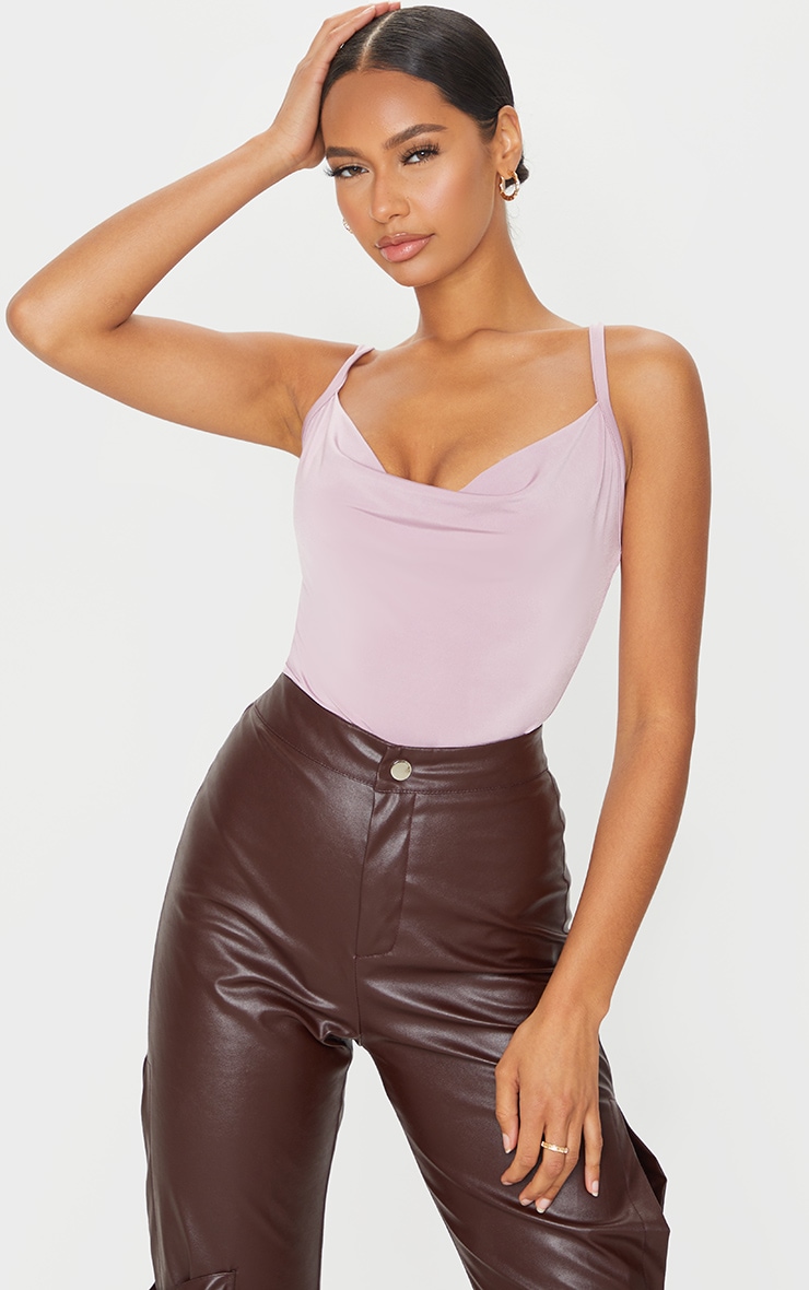 Mauve Soft Touch Cowl Neck Bodysuit