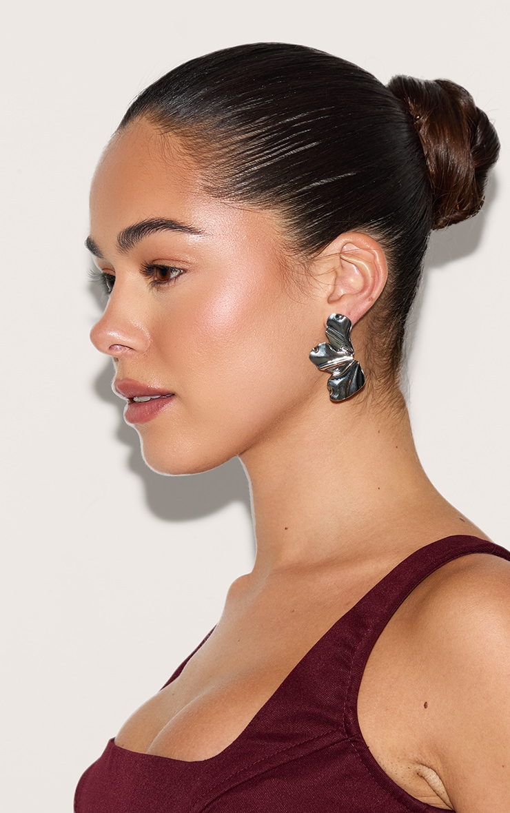 Silver Texture Half Flower Statement Earrings image 3