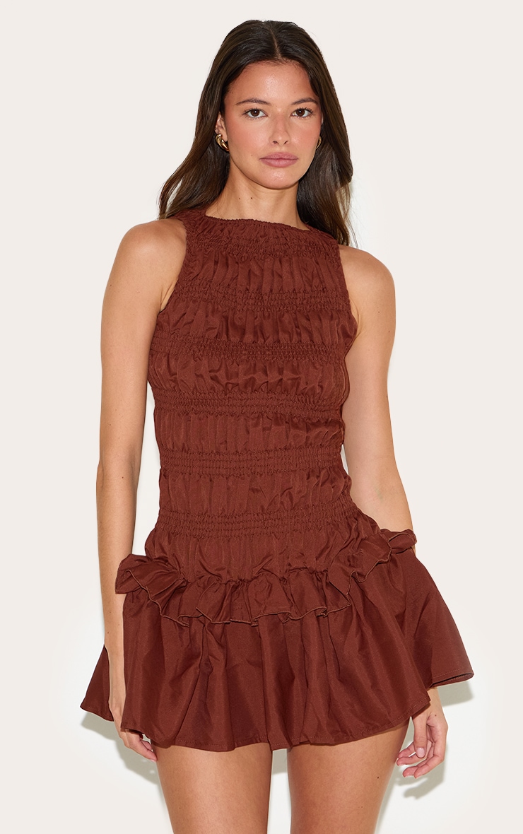 Robe de tailleur droite chocolat froncée à volants, Chocolat