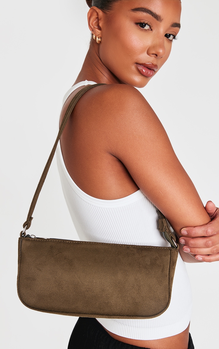 Khaki Faux Suede Zip Shoulder Bag
