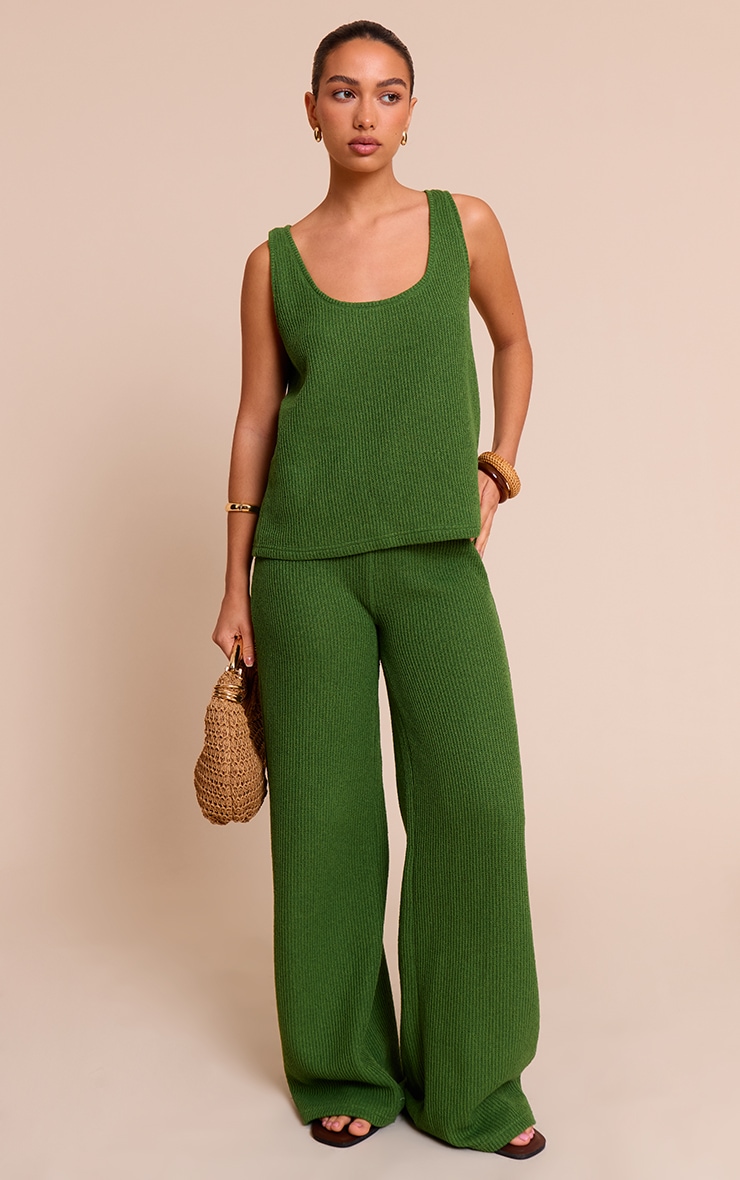 Olive Textured Waffle Mid Rise Wide Leg Pants image 1