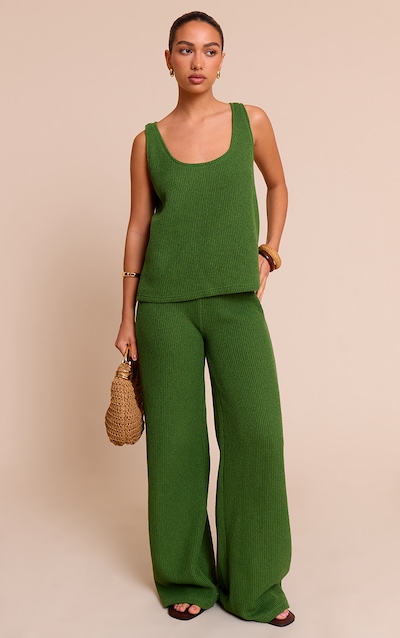 Olive Textured Waffle Mid Rise Wide Leg Pants