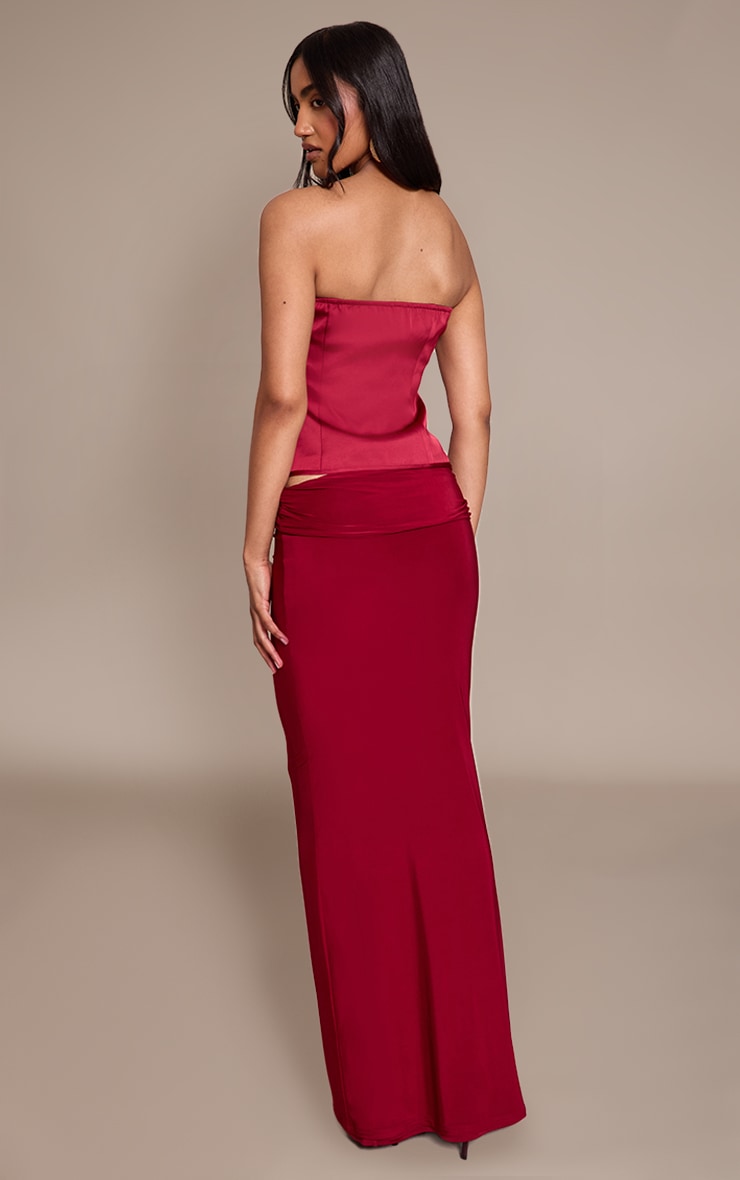 Wine Slinky Knot Fold Over Detail Maxi Skirt image 3
