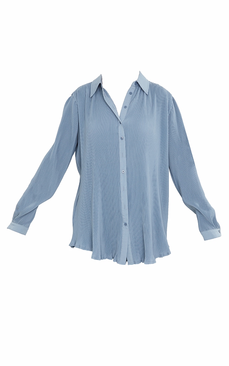 Tall  Blue Plisse Oversized Cuff Detail Shirt image 5