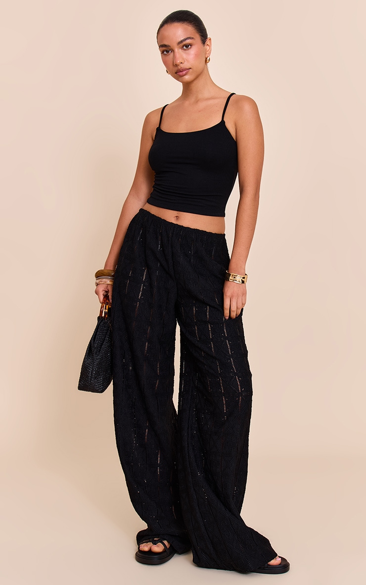 Black Crochet Textured Wide Leg Pants image 1