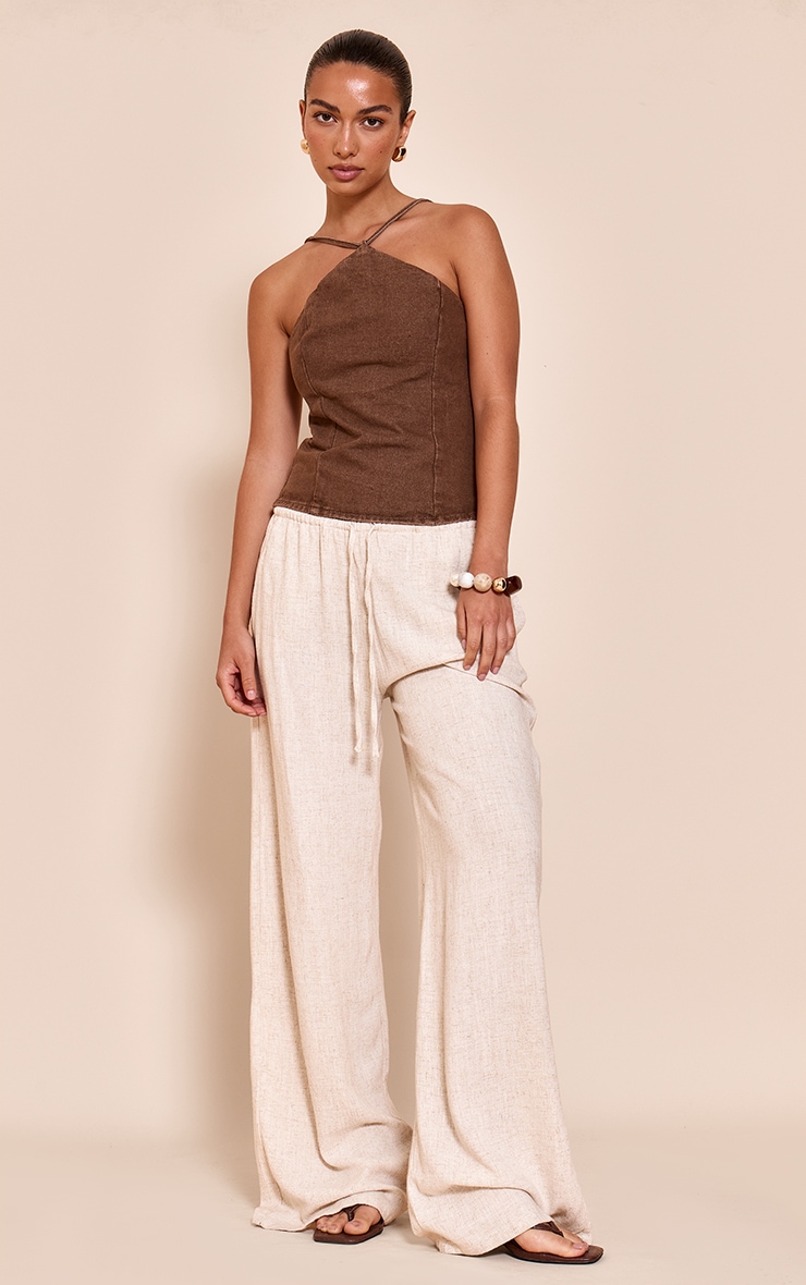 Washed Brown Halterneck Stretch Denim Top image 3
