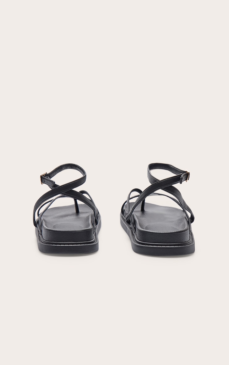 Black Pu Round Toe Thong Footbed Ankle Strap Flat Sandals image 4