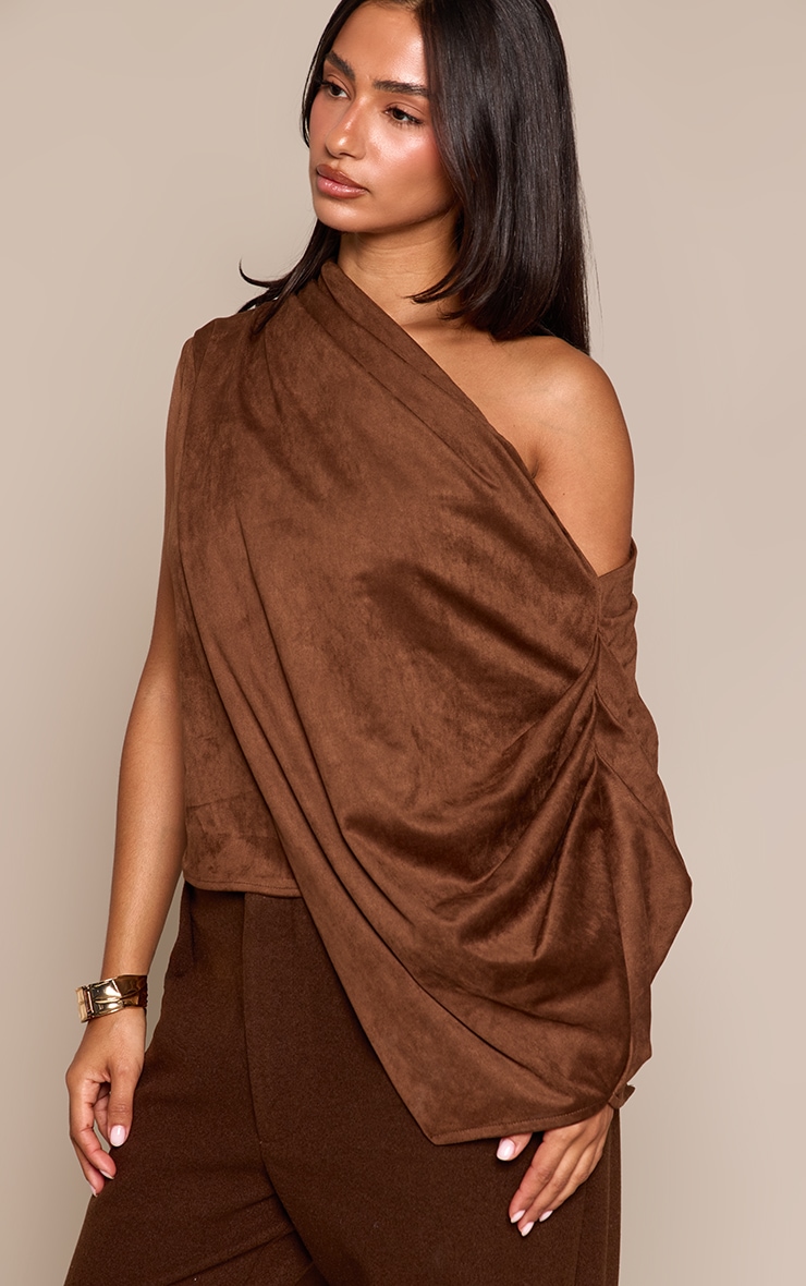 Petite Chocolate Suede One Shoulder Asymmetric Top image 4