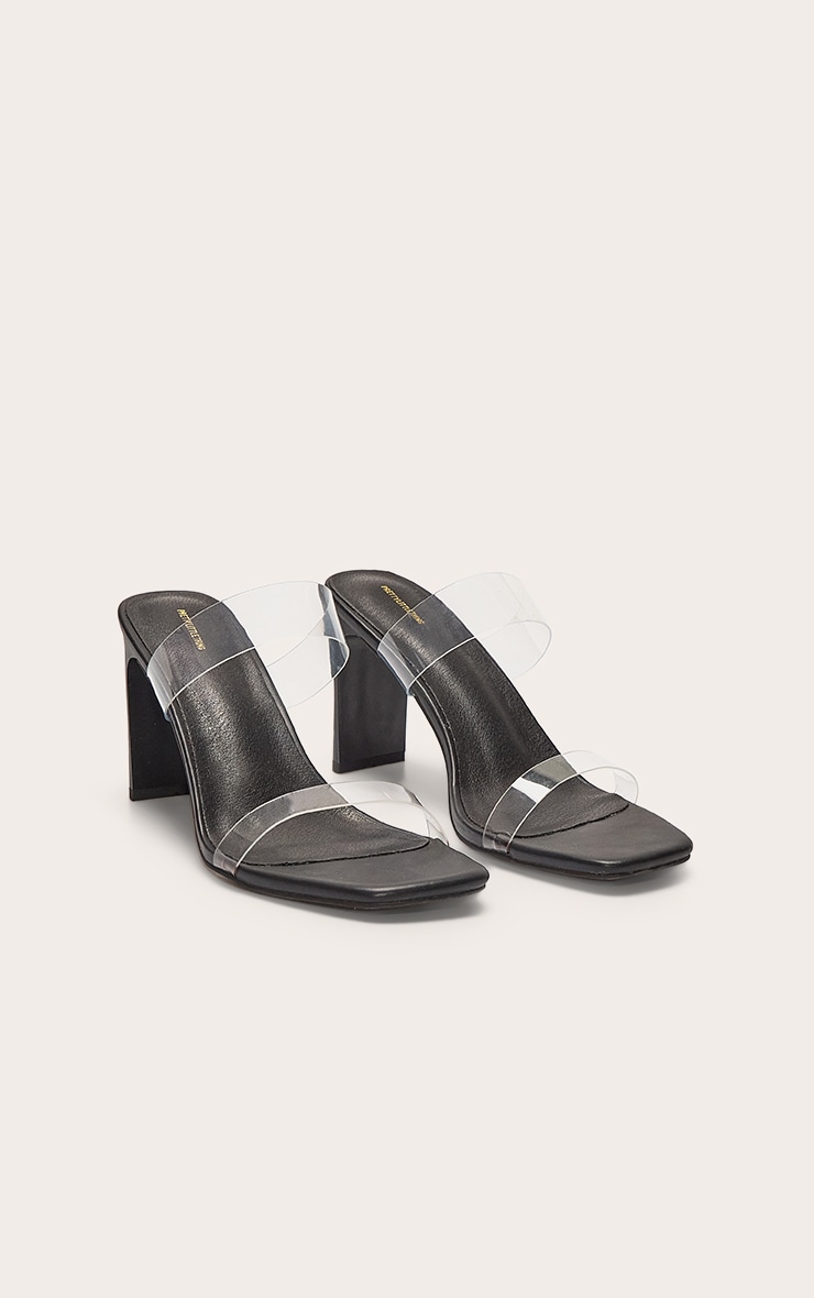 Black Pu Square Toe Perspex Straps High Thin Block Heeled Mules image 3