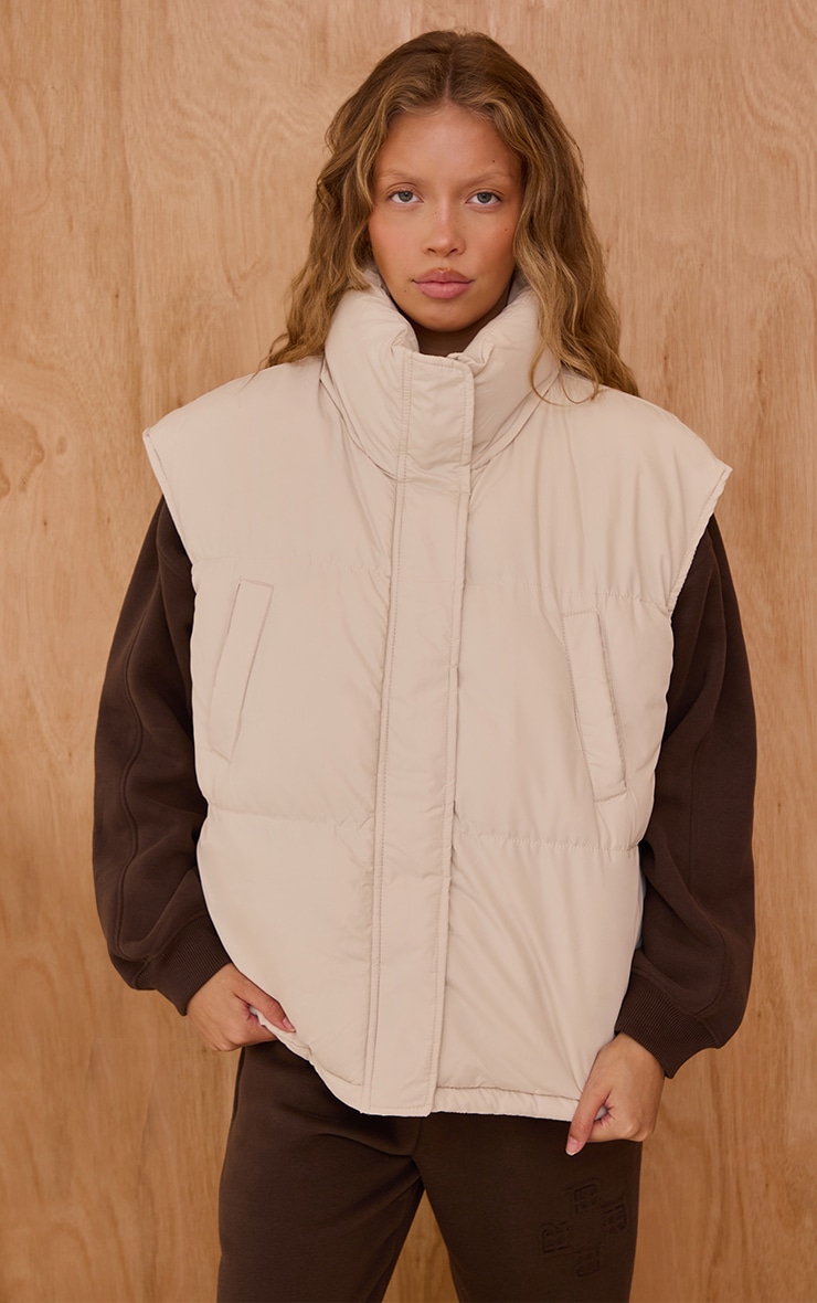 Cream Extended Shoulder Sleeveless Puffer Gilet Outerwear PLT UAE