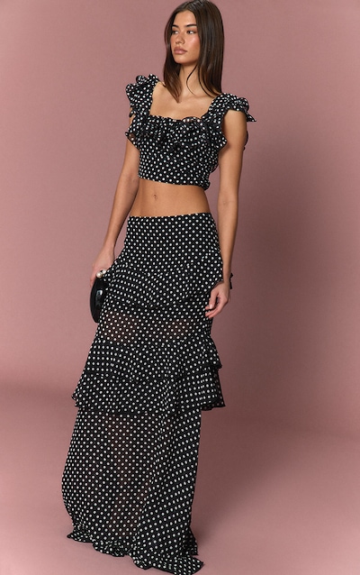 Black Chiffon Polka Dot Ruffle Maxi Skirt
