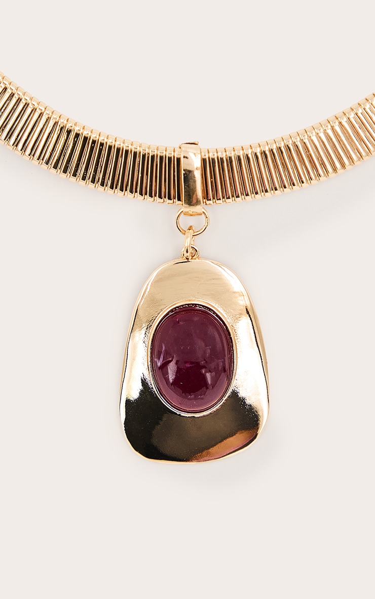 Gold Smooth Burgundy Stone Pendant Necklace image 3
