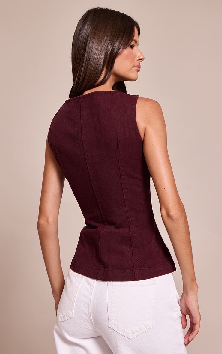 Dark Burgundy Sleeveless Zip Up Denim Top image 2