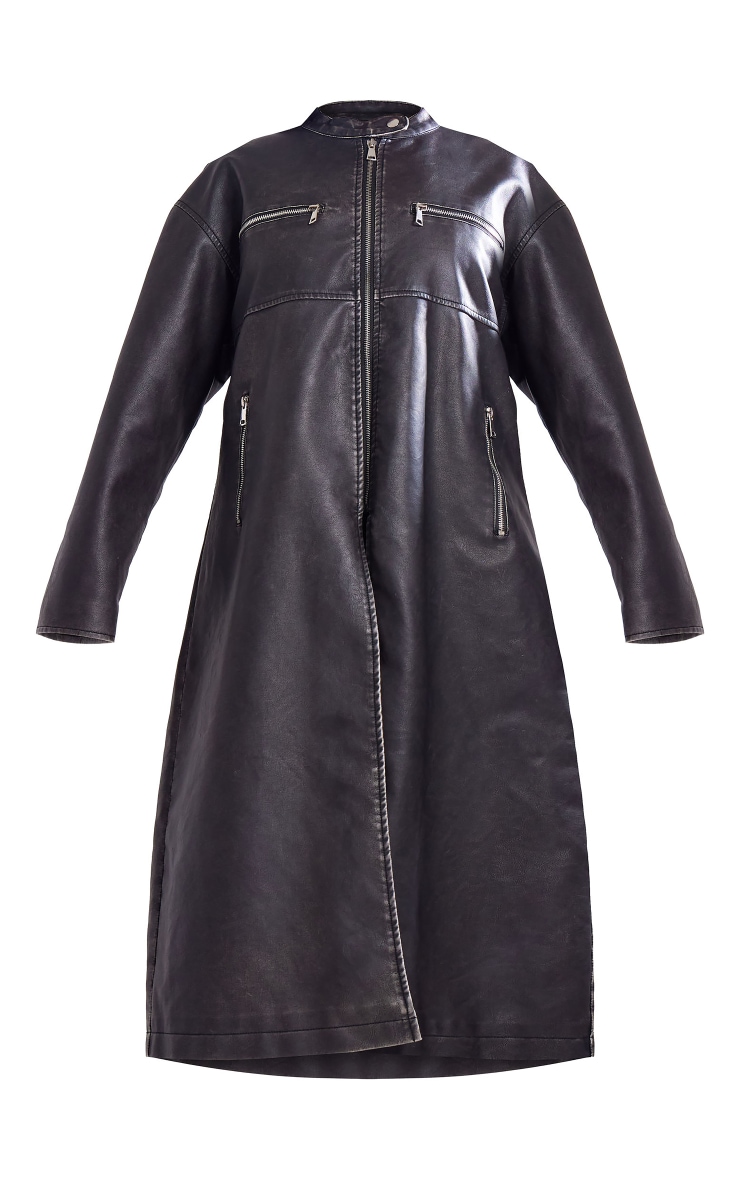 Black Distressed Pu Biker Trench Coat image 5