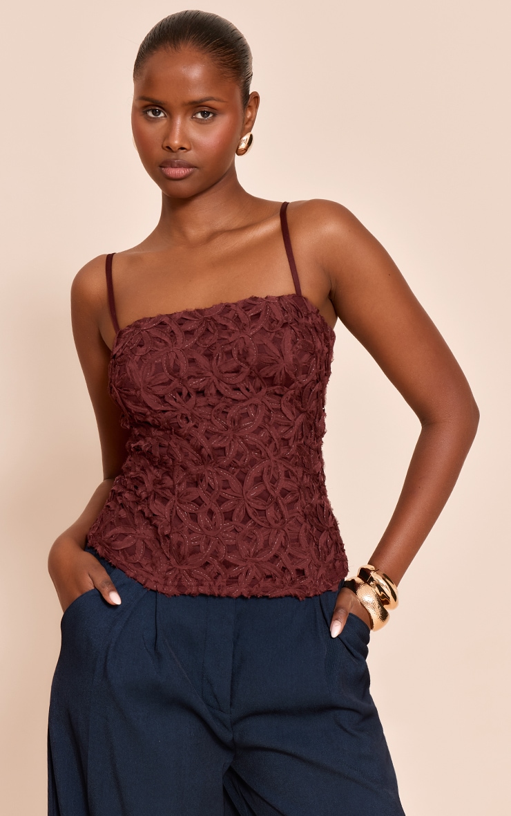 Chocolate Textured Floral Strappy Top image 1