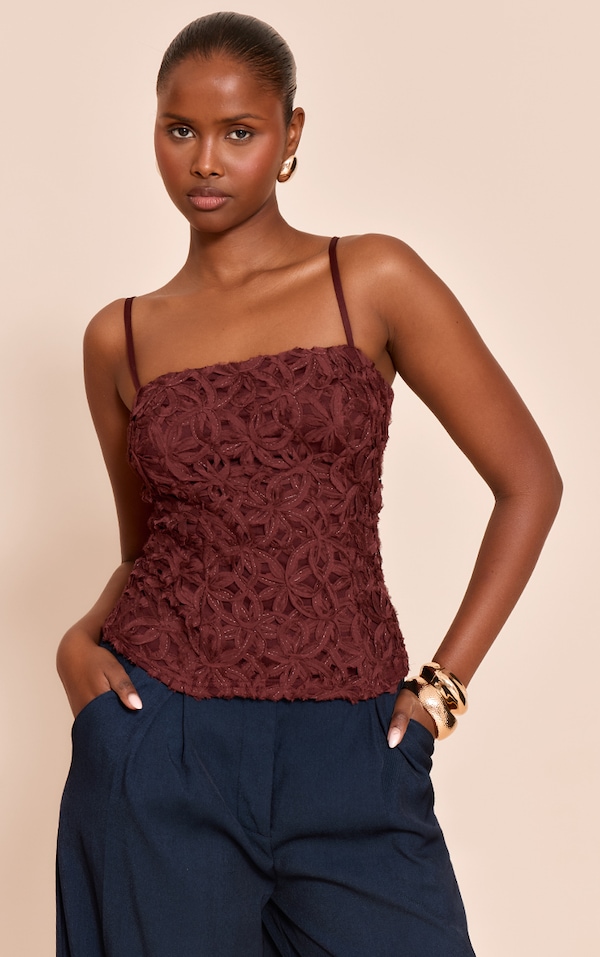 Chocolate Textured Floral Strappy Top