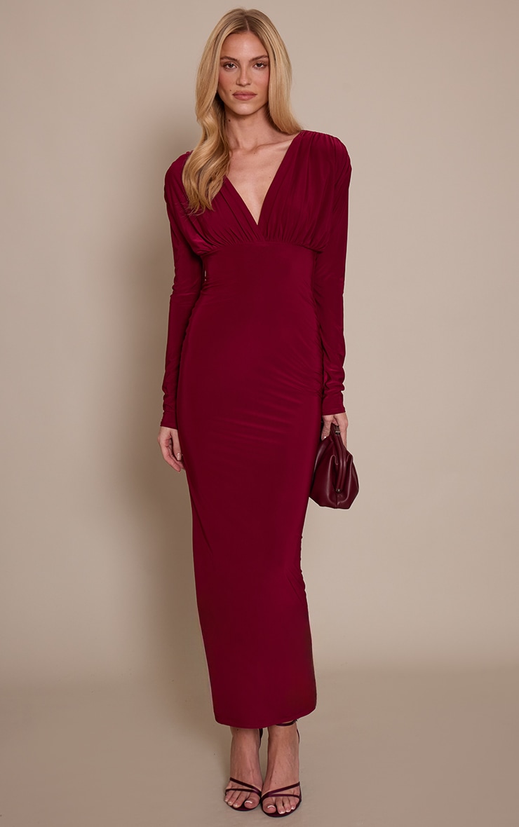 Burgundy Double Layer Slinky Plunge Long Sleeve Maxi Dress image 3