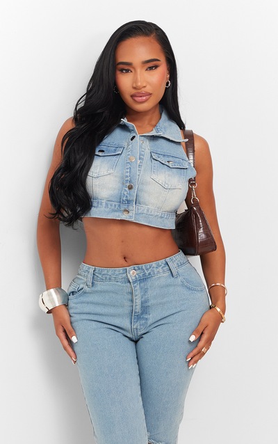 Shape Light Blue Wash Denim Button Front Sleeveless Jacket