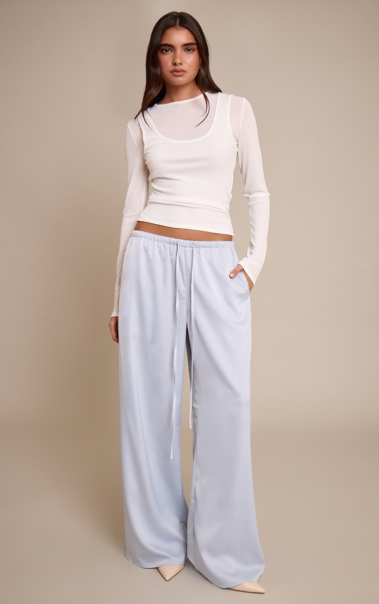 Baby Blue Satin Low Rise Wide Leg Tie Waist Pants image 1