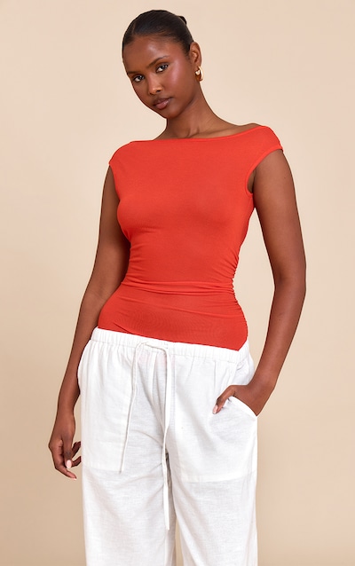 Red Sheer Soft Touch Cowl Neck Long Vest Top