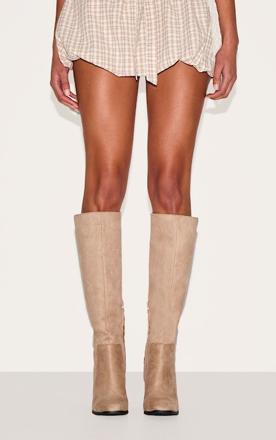 Bottes rondes en suédine gris pierre à talon carré haut