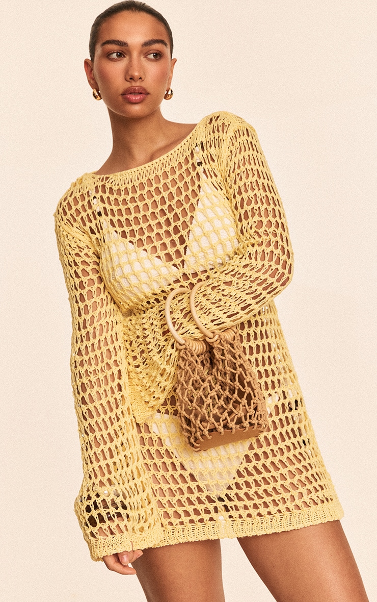 Butter Yellow Crochet Long Sleeve Beach Mini Dress image 1
