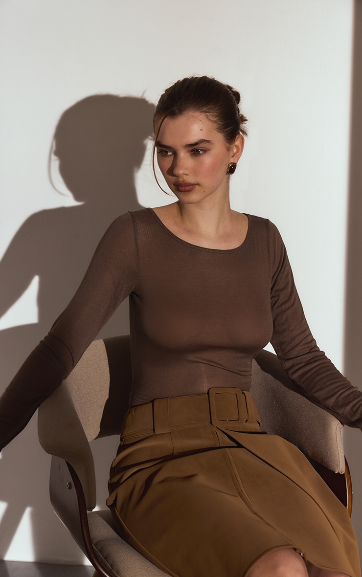 Light Brown Sheer Soft Touch Crew Neck Long Sleeve Top image 2