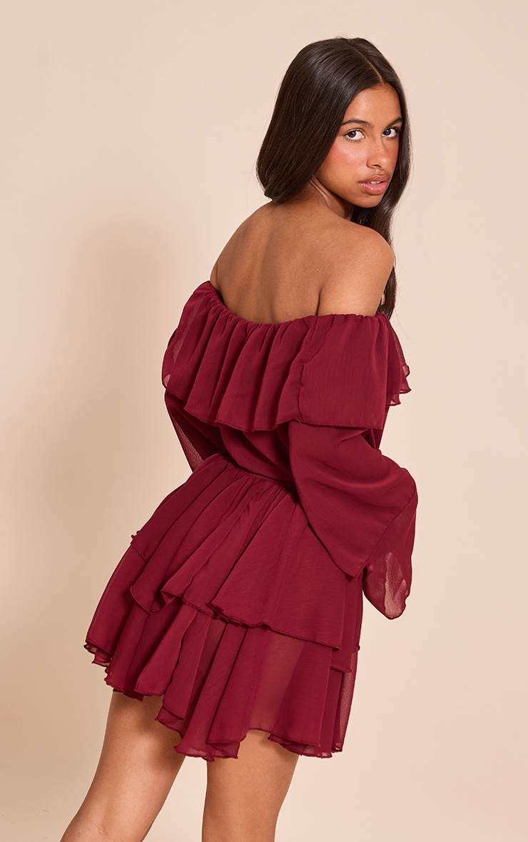 Petite Wine Chiffon Frill Detail Mini Dress image 2