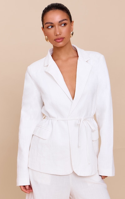 Off White Linen Look Tie Waist Blazer