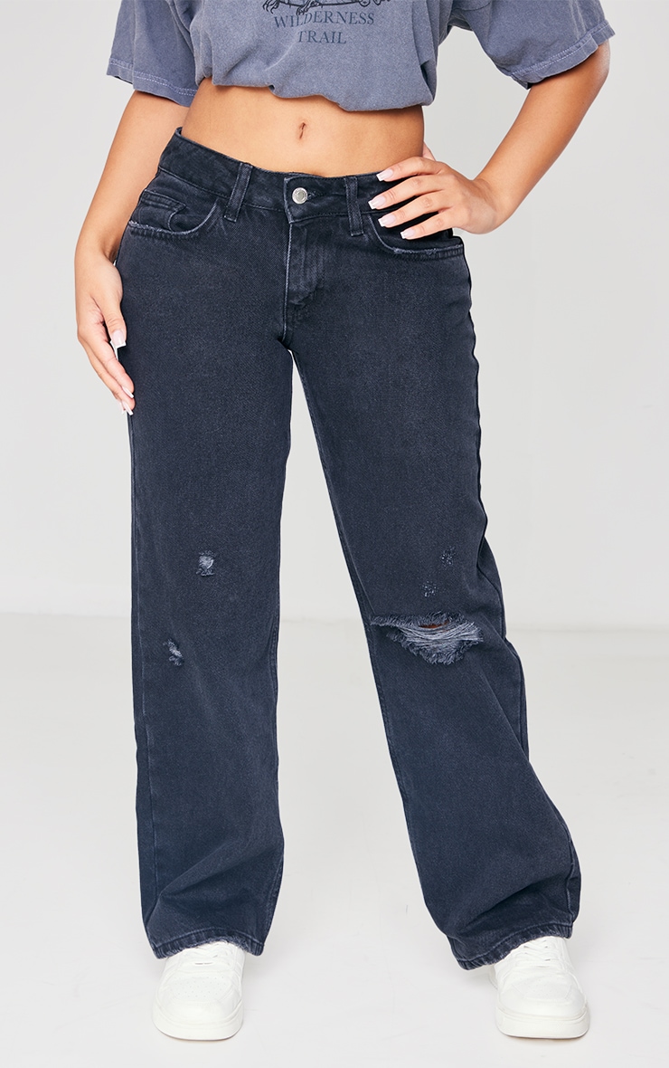 Petite Washed Black Low Rise Ripped Jeans image 2