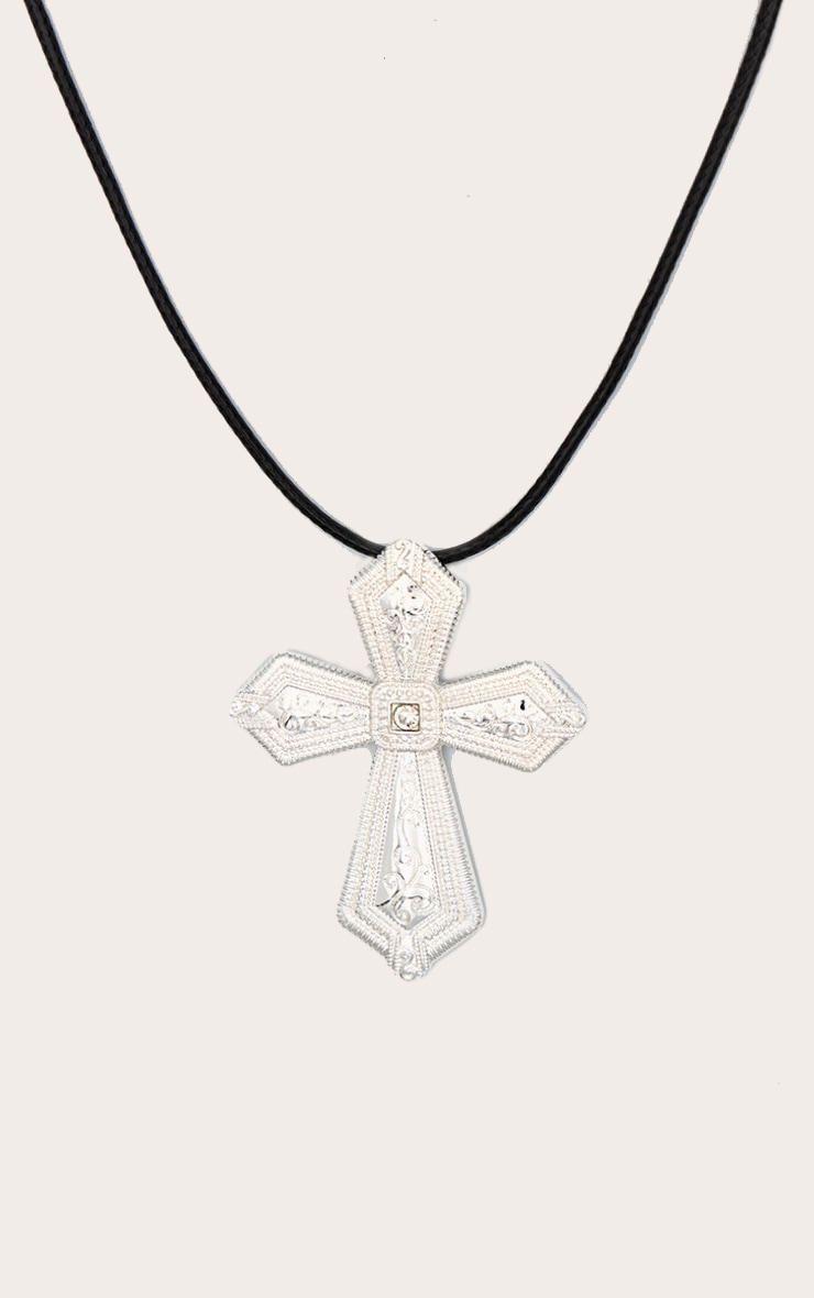 Silver Oversized Cross Cord Necklace image 1